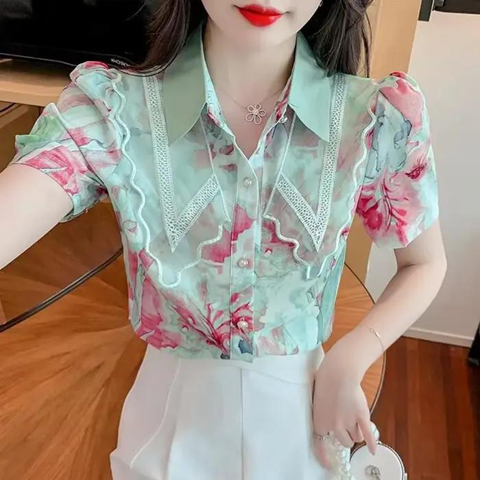Chemisiers d'été en mousseline pour femmes 2026 – Blouses élégantes à imprimé floral, style coréen v