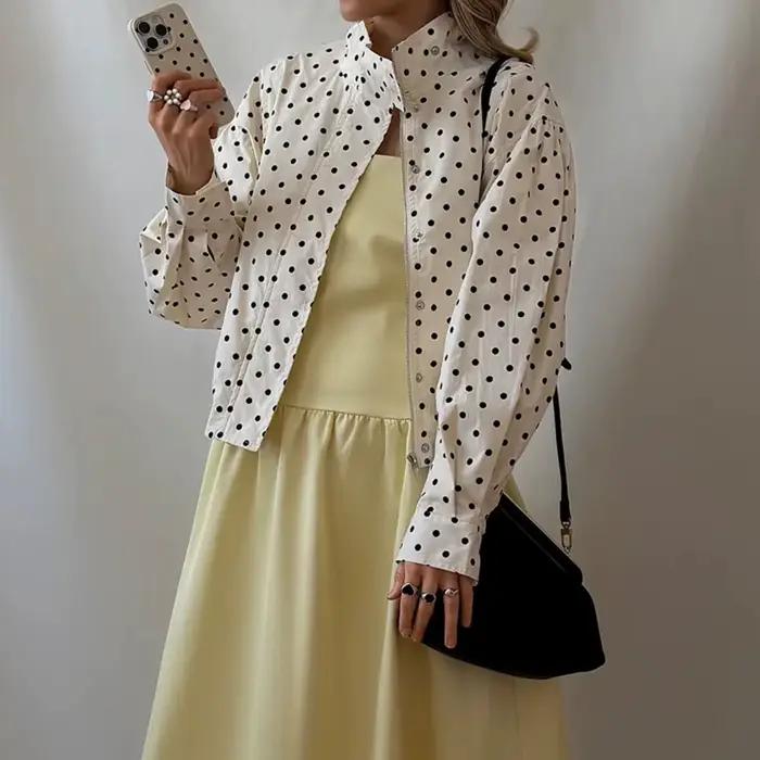 Veste bomber élégante vintage à pois surdimensionnée pour femmes, manches bouffantes, fermeture écla