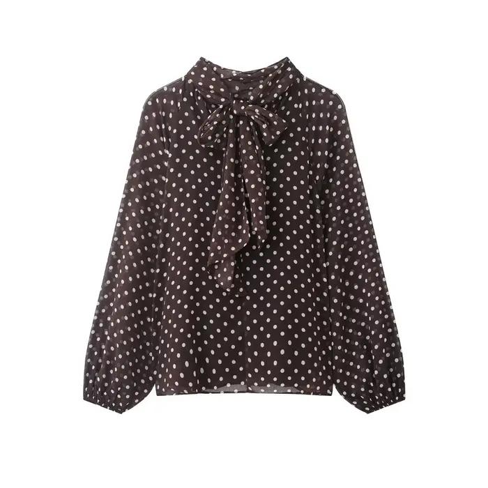 Chemise à manches longues à pois pour femmes, mode printemps automne, chemise à nœud à lacets, chemi