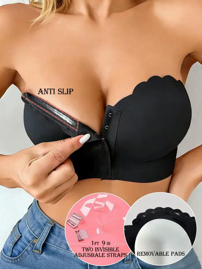Soutien-gorge bandeau push-up pour femme, fermeture avant, antidérapant, noir uni, avec coussinets a