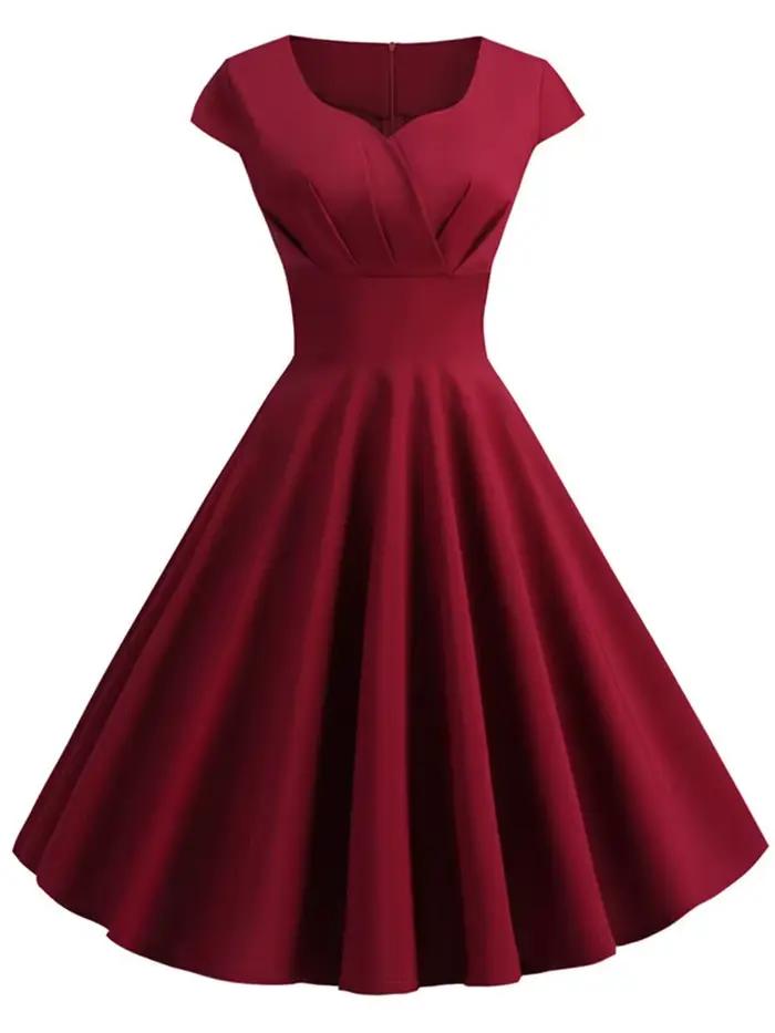 Robe d'été rose pour femmes, col en V, Vintage, élégante, rétro, pin up, fête, bureau, robes mi-long