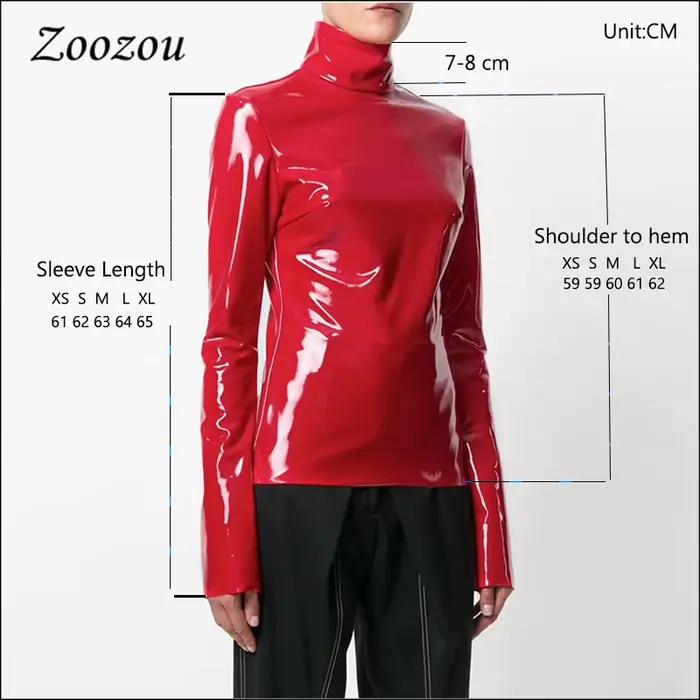 Pull à col roulé en similicuir verni pour femme, chemise à manches longues en Y, pull en PVC avec fe