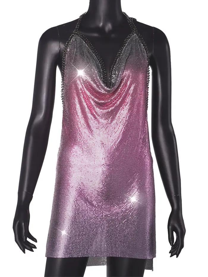 Robe d'été sexy dos nu en métal noir à sequins pour femme 2026, tenue de plage rave, mini-robe scint