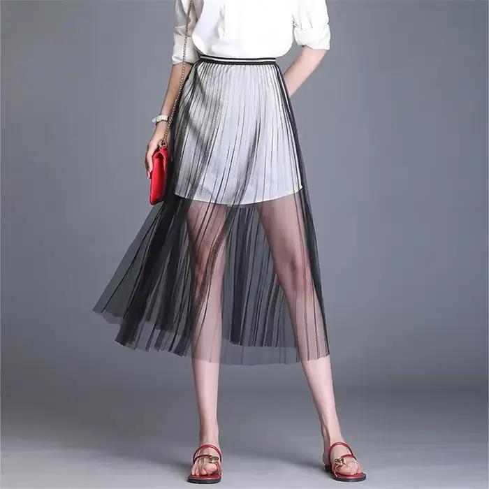 Femmes Sexy maille dentelle Transparent longue Tulle jupe mode coréenne été dames élastique taille h
