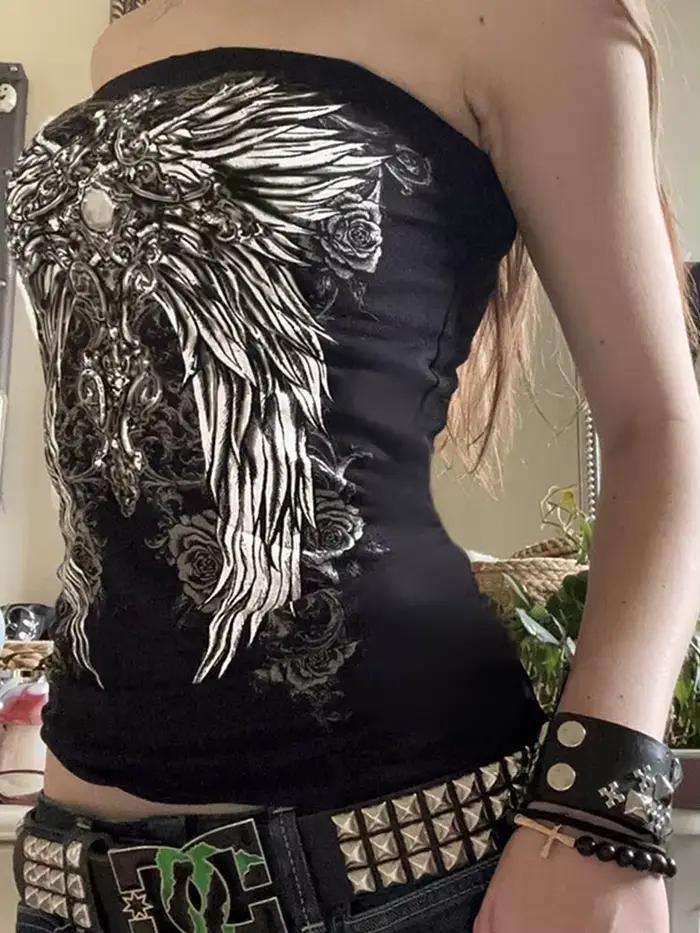 Haut tubulaire noir imprimé gothique pour femmes, sans bretelles, slim, court, décontracté, Chic, t-