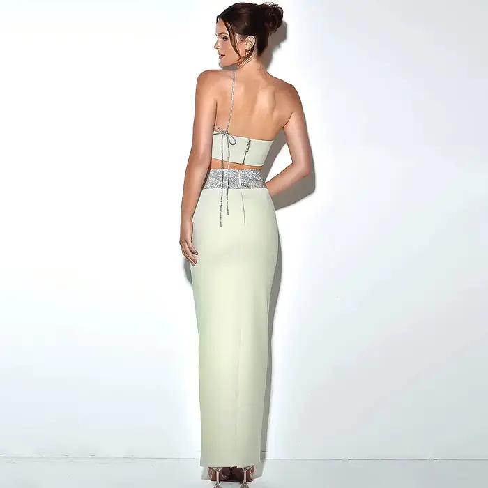 Suninheart-Robe d'invité de mariage avec perles pour femmes, ensemble de 2 pièces, haut court, vert,