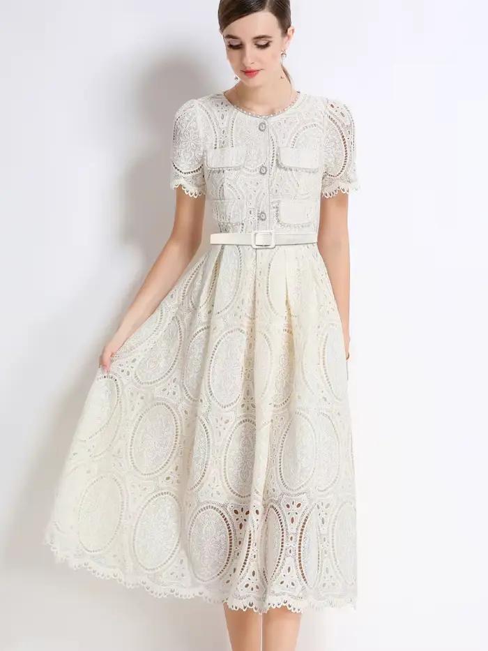 SMTHMA – robe élégante en dentelle, ajourée, perlée, haut de gamme, avec ceinture, col rond, manches