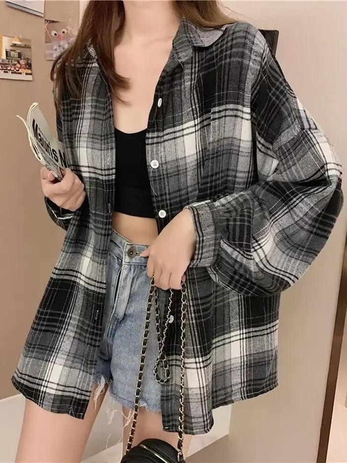 Chemise à carreaux pour femmes, haut à manches longues, Vintage, mode, simple boutonnage, Style Prep