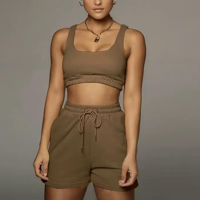 Ensemble haut court et short à cordon de serrage, débardeur de Fitness Sexy à col en U, short de mot