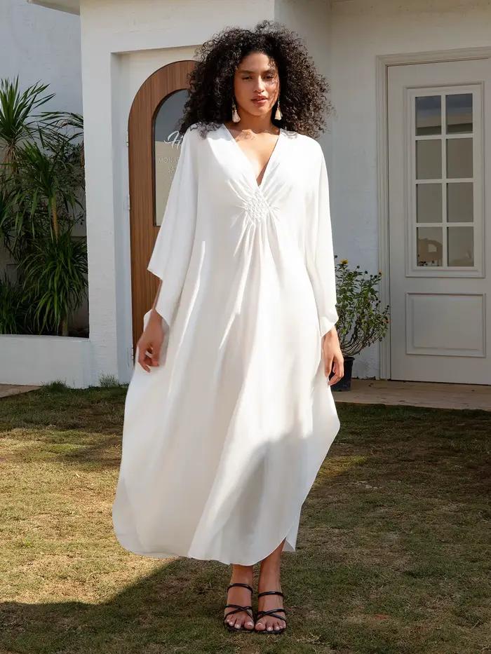 2025 solide col en v manches chauve-souris grande taille robe Maxi ample pour les femmes été plage p