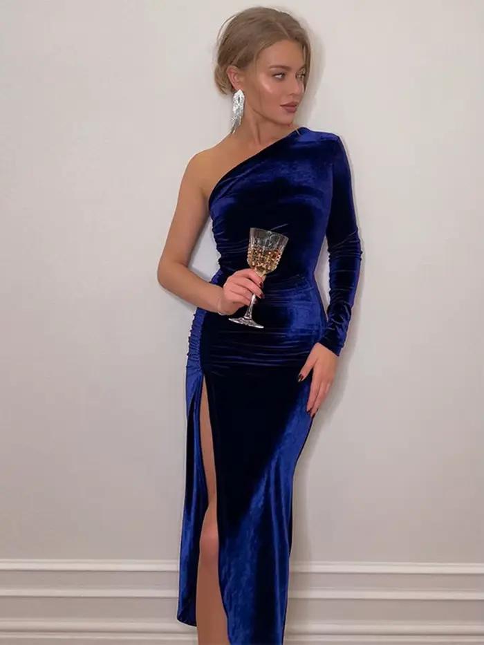 Robe midi élégante à manches longues pour femmes, moulante de soirée en velours, crayon fendu, vêtem