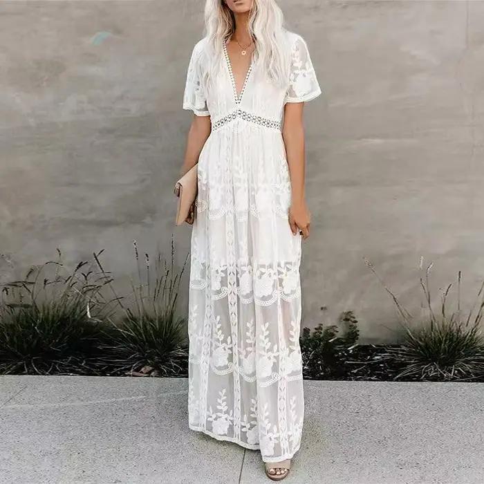 Robe femme blanc évider coton robe d'été dentelle sans manches longue épissage été fête élégante soi