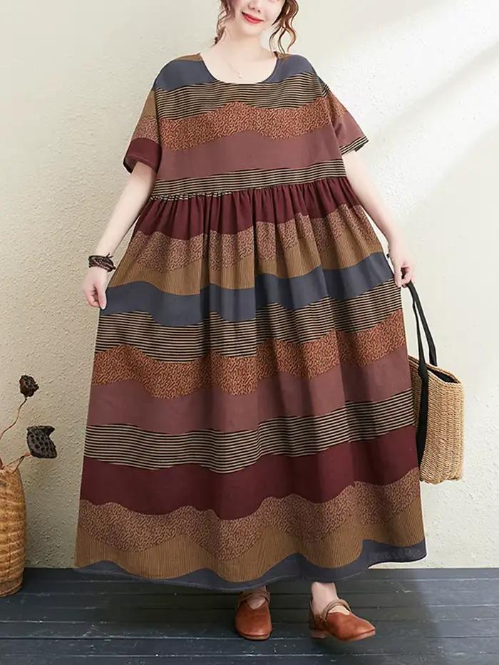 Nouvelle Robe Longue d'Été 2026 en Coton et Lin à Manches Courtes, Imprimé Rayé Vintage, Élégante po