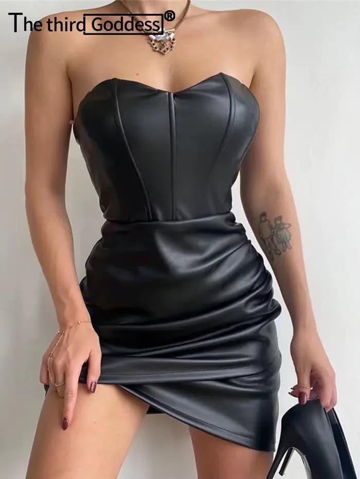 Sexy corset noir PU moulante robe d'été femmes dos nu en cuir mini club robe de fête d'anniversaire