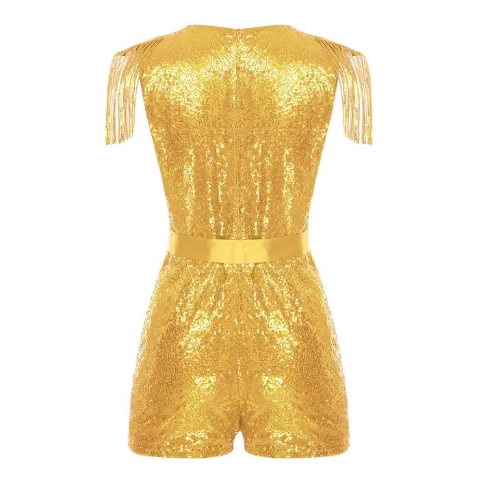 Barboteuse à paillettes et pompons pour femmes, combinaison chaude, col en v, sans manches, scintill