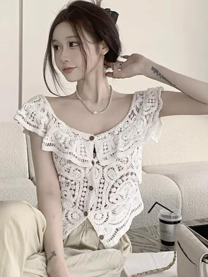 Cardigans femmes élégant évider loisirs Streetwear Design solide tendre attrayant romantique ample à