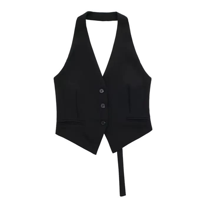MUJER épaules dénudées gilet sans manches femmes noir blanc recadrée gilet femme mode dos nu col en