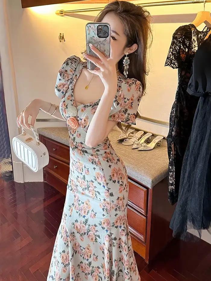 Robe longue de Style français rétro pour femmes, imprimé Rose, fleurs élastiques, manches à bulles,