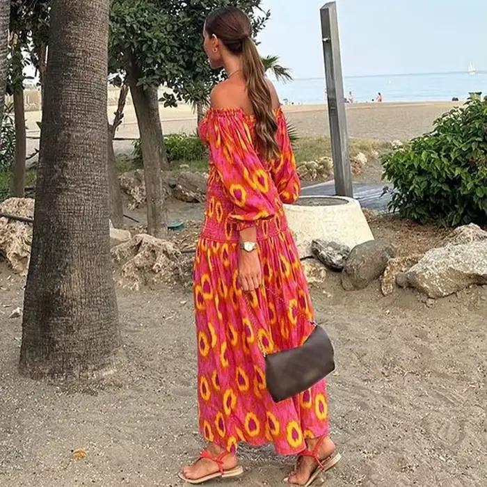 TEELYNN-Robe de plage à manches bouffantes pour femmes, vintage, boho, sexy, décontractée, longue, é