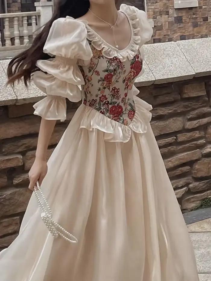 Vintage élégant imprimé robe florale femmes 2023 automne col rond décontracté soirée robe mi-longue