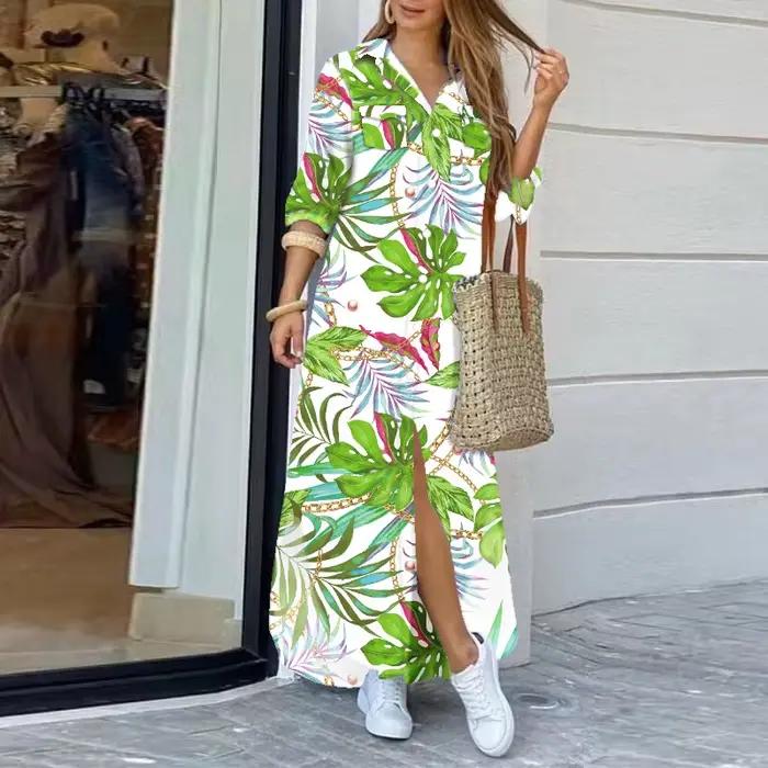 Robe chemise imprimée à col rabattu pour femmes, robes maxi élégantes, robe d'été à manches longues,