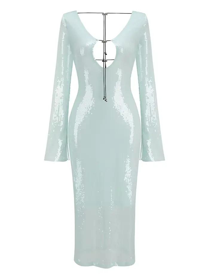 BEVENCCEL Sexy luxe paillettes profonde V à manches longues dos nu paillettes longue robe élégante m