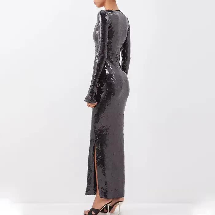 Robe de soirée sexy à sequins pour femmes, col en V, manches à clapet, jupe avec ourlet fendu, boîte