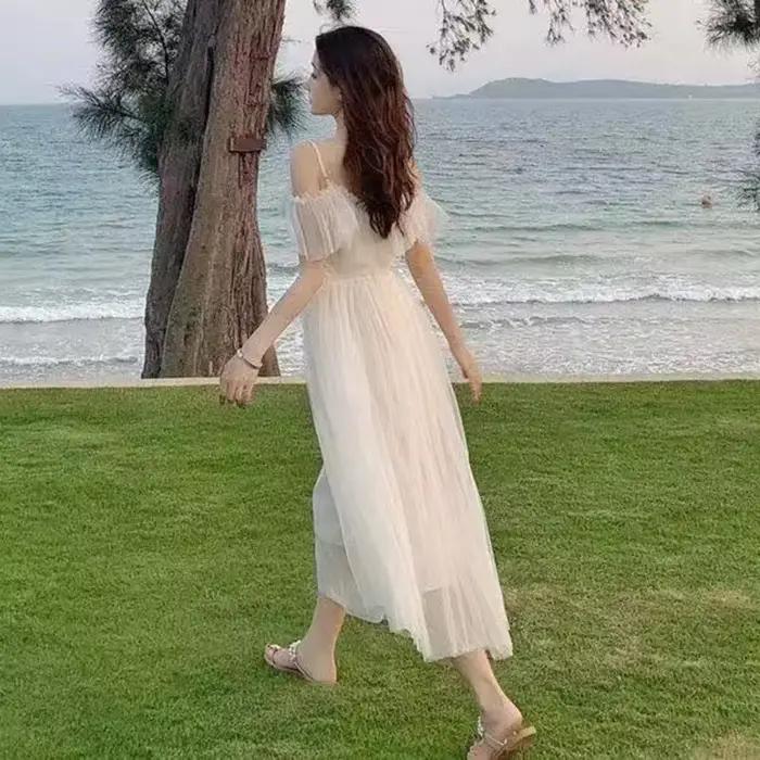 Fairycore – robe en maille pour femme, tenue blanche à lacets, poitrine basse, épaules dénudées, Sex
