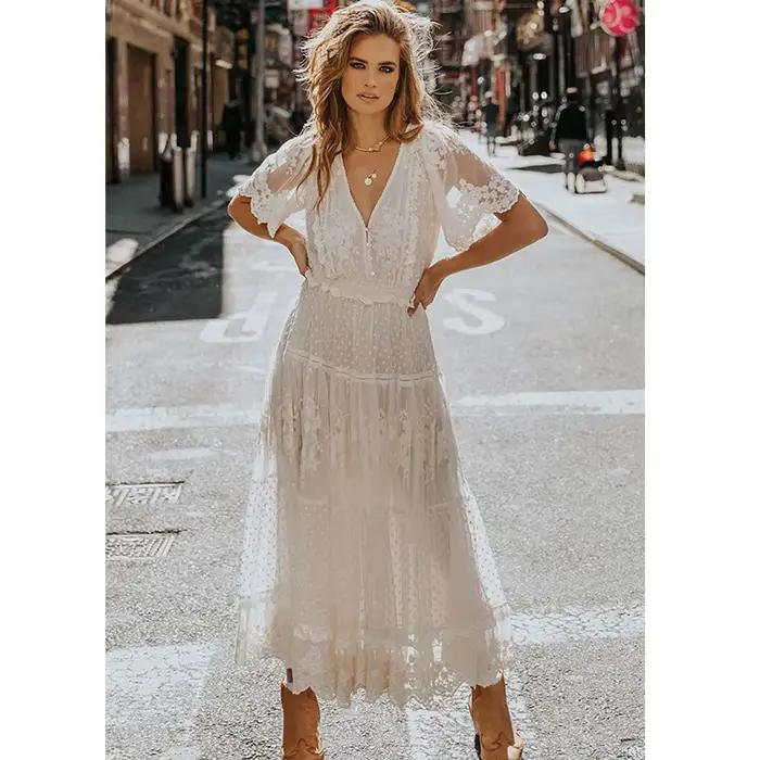 Robe femme blanc évider coton robe d'été dentelle sans manches longue épissage été fête élégante soi