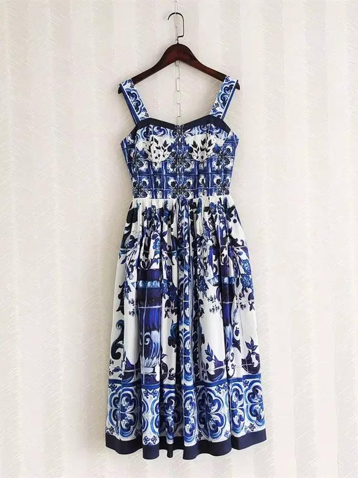 Robe longue d'été JAMERARY à imprimé floral en porcelaine bleue et blanche pour femmes Bretelles Fer