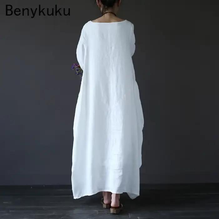 Vintage longue robe Maxi femmes à manches longues grande taille caftan Baggy ample coton lin robes d