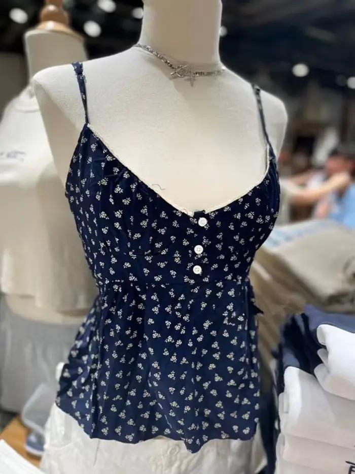Haut court à volants en coton à col en V pour femmes, gilets vintage féminins, imprimé floral, bouto