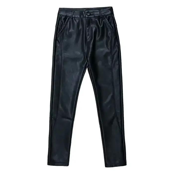 Femmes élastique taille haute véritable pantalon en cuir véritable femme mode sarouel dames poches M