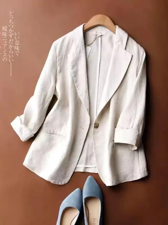 Blazer à simple boutonnage pour femme, veste d'été en coton et lin, blanc uni, bouton décontracté, m