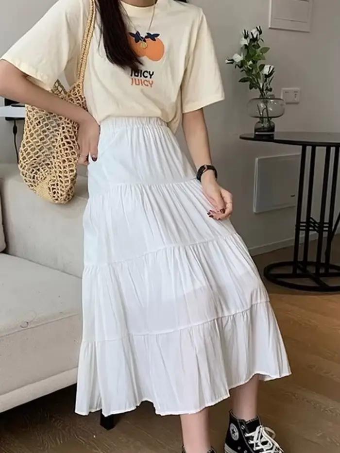 Jupe trapèze en mousseline de soie pour femme, vintage, taille haute, élastique, patchwork, blanc, n