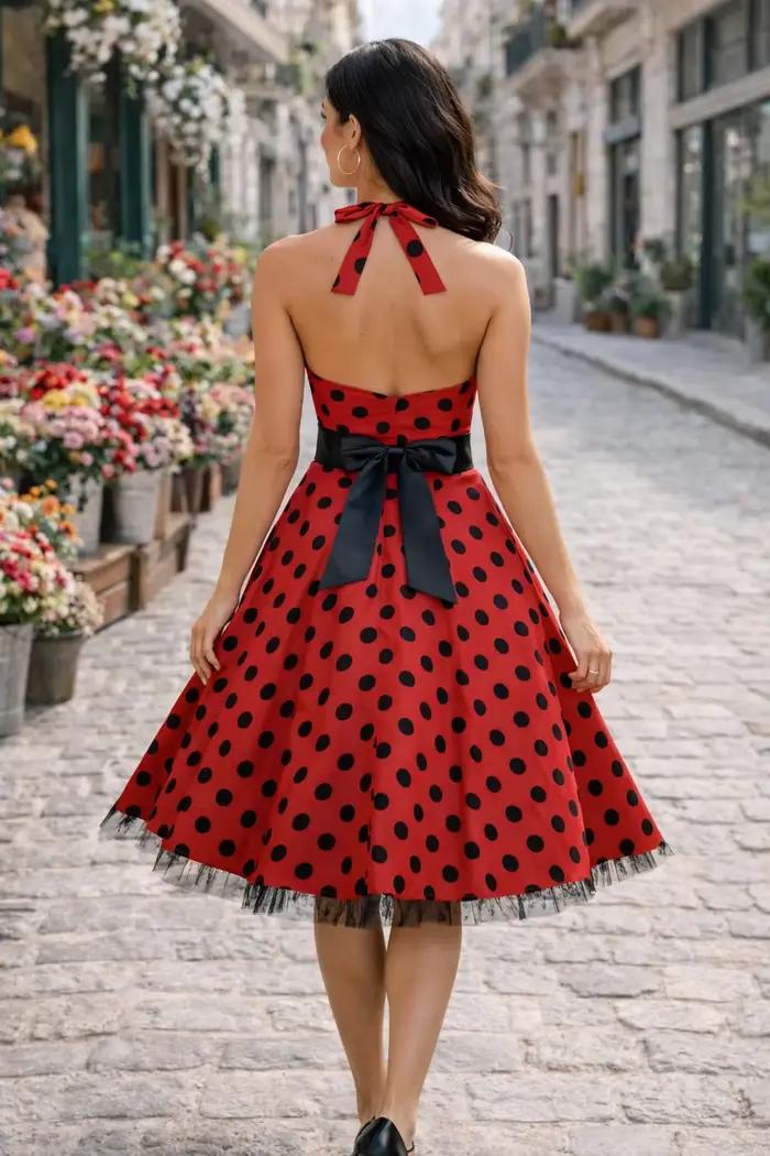 Robe vintage pour femme, style Hepburn, col halter, à pois, élégante, coupe évasée, style années 50,