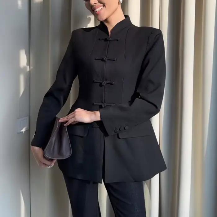 Blazer pour femme BJTZ à col mandarin, manches longues, boutons grenouillère, coupe ajustée, veste d