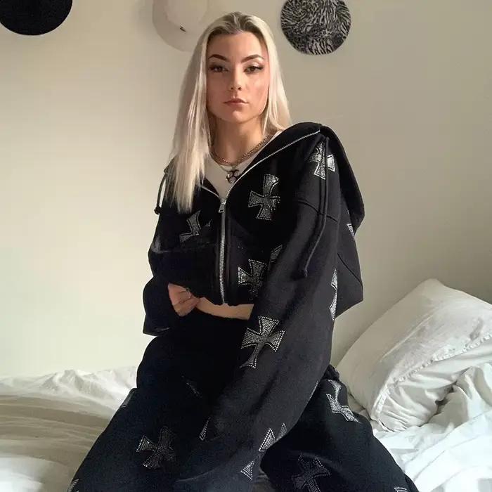 Ensemble deux pièces imprimé croix gothique pour femme, sweats à capuche et pantalons, survêtement c