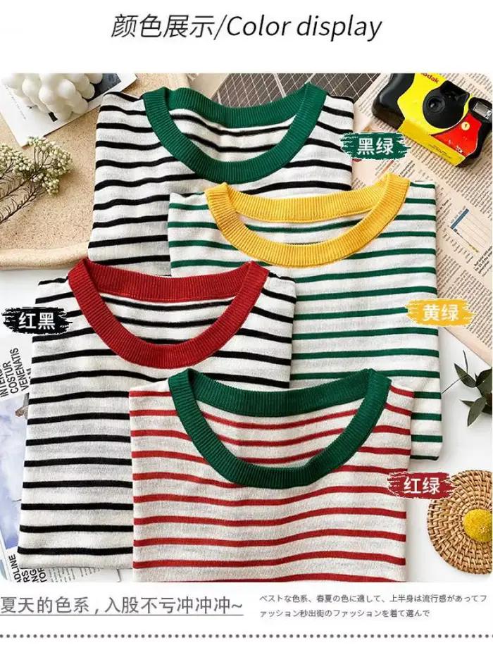 T-shirt décontracté à rayures pour femme, col rond, imprimé, manches courtes, tricoté, été 2026