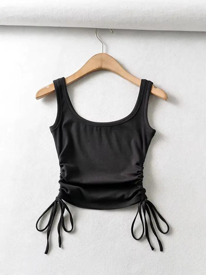 Nouveauté filles décontracté couleur unie deux côtés cordon gilet plis froncé Sexy débardeur et Cami