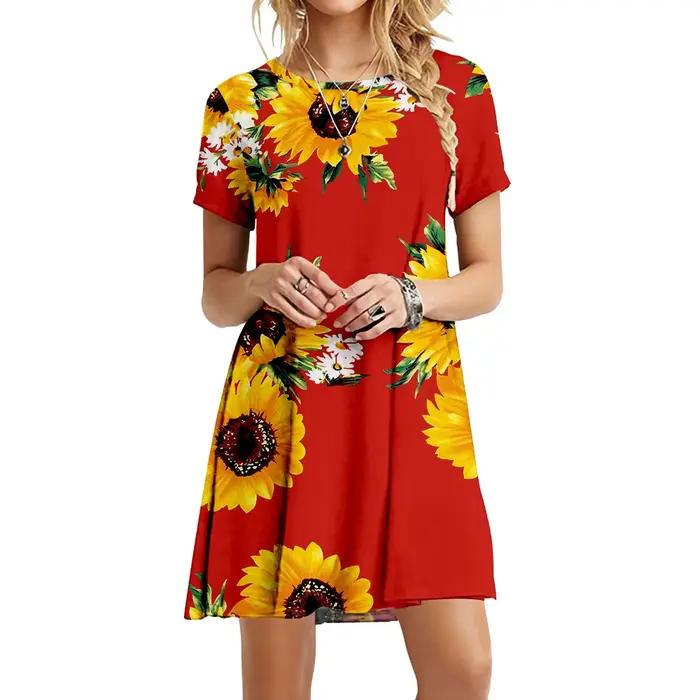 Robe à imprimé tournesol Boho pour femmes, robes à col rond pour dames, manches courtes, décontracté