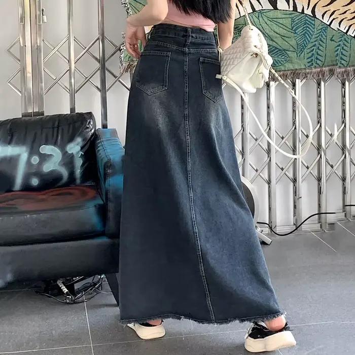 S-5XL Nouveau Vêtement de rue Jupe en jean Printemps Été Mode Ourlet effiloché Poche Taille haute Lo
