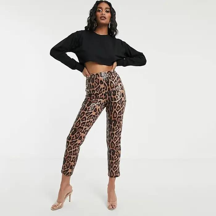 Leggings en similicuir PU imprimé léopard pour femmes, collants extensibles vintage, taille haute, s