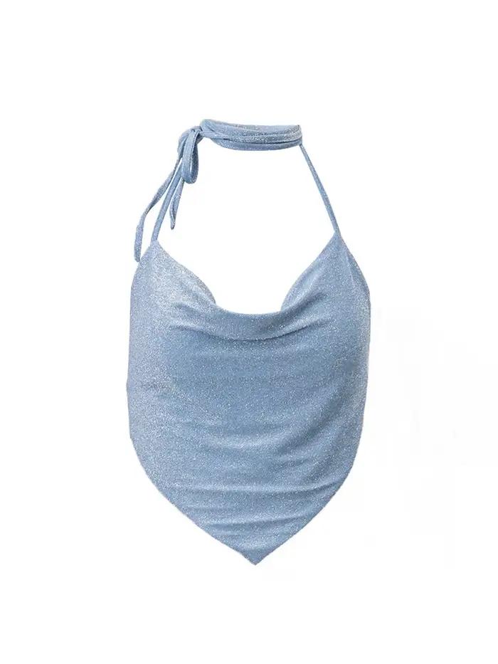 Débardeur à Paillettes Bleu Brcorporelle Froncé, Haut Court et Dos aux, Vêtement Sexy à Col Licou, C