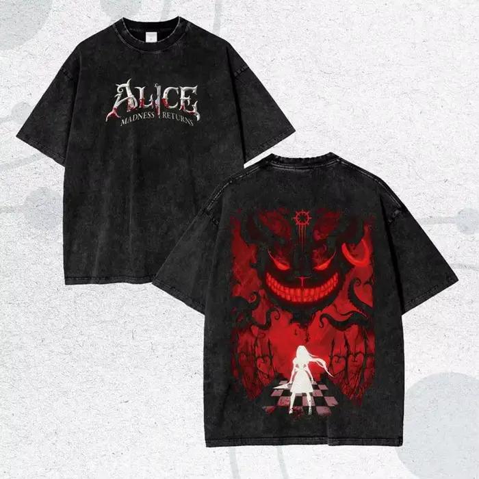 T-shirt Alice Madness Returns délavé pour couples, vêtements unisexes grande taille, vêtements de ca
