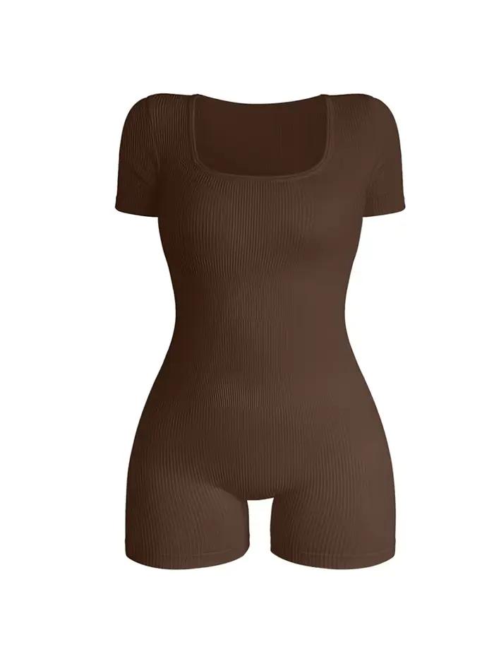 Combinaison une pièce à col carré et manches courtes pour femmes, Sexy, taille haute, moulante, à la