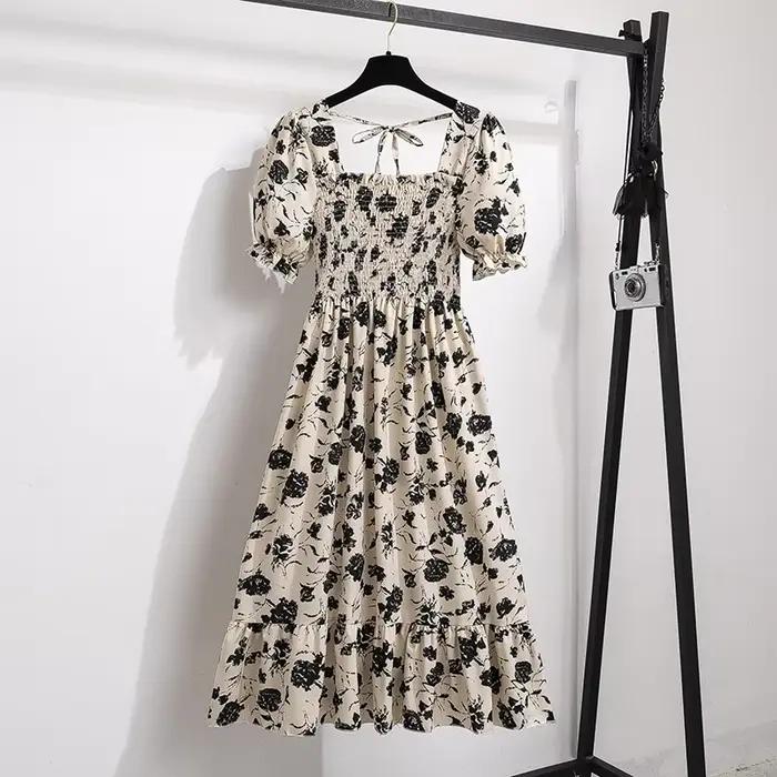 Printemps été robes en mousseline de soie mode femme taille élastique à manches courtes plissée tenu