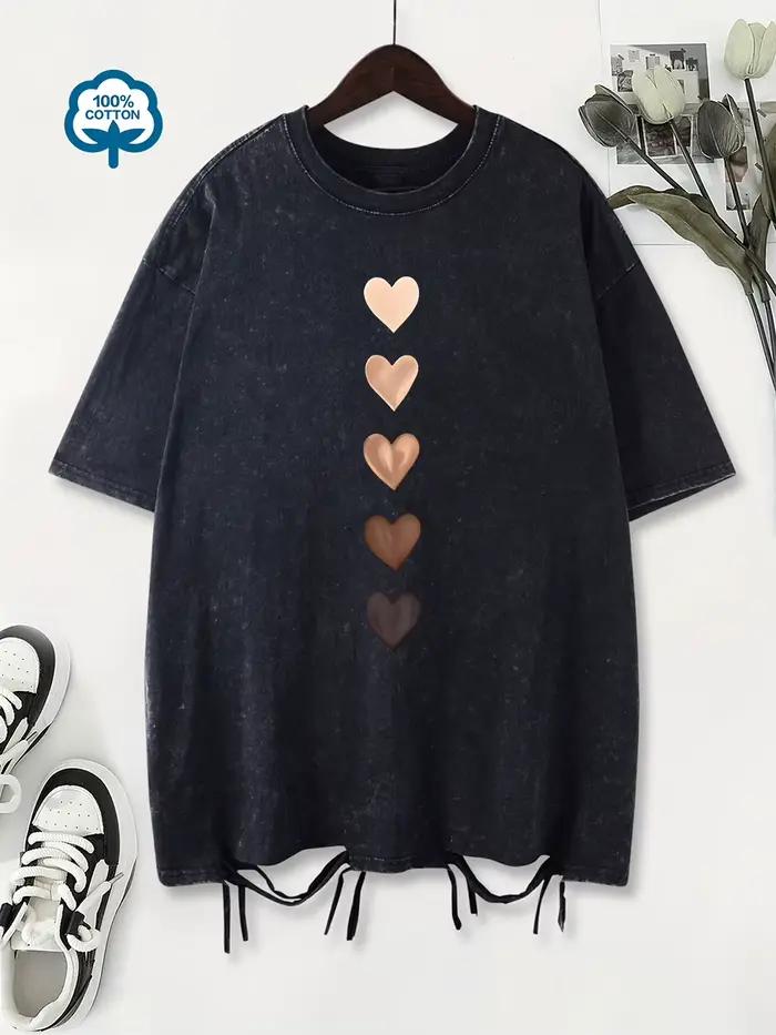 100% coton lavé T-Shirts femmes surdimensionné amour coeur Graffiti imprimé T-Shirts col rond en dét