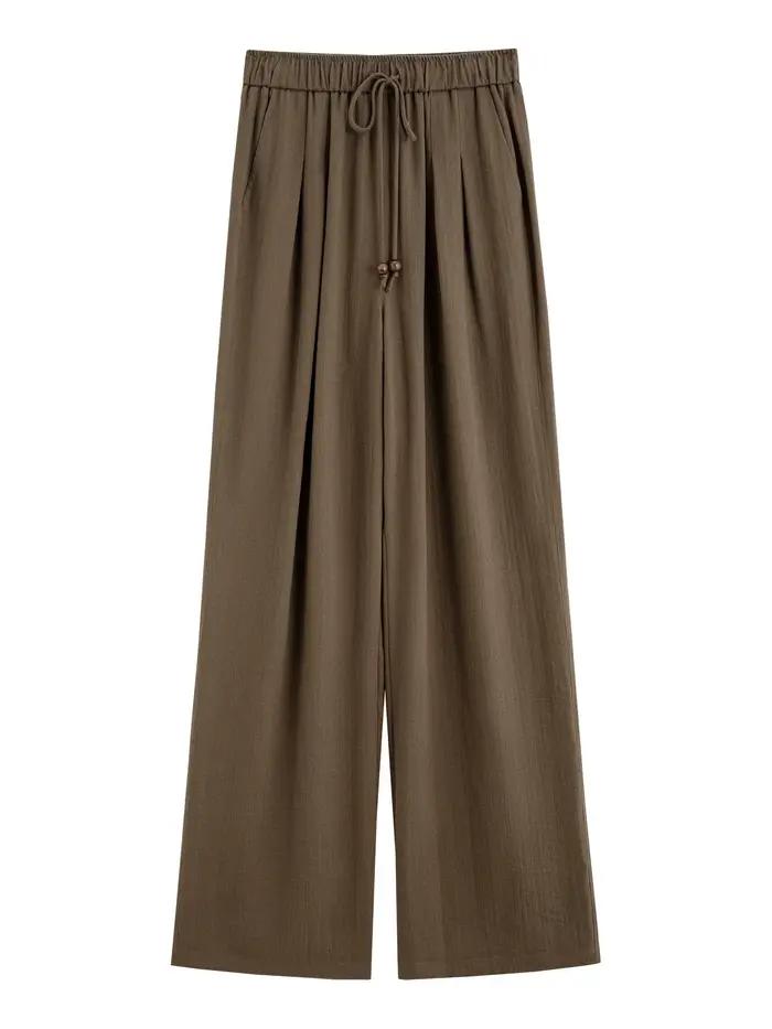 FSLE minimalisme Style lin droit élastique taille haute pantalons décontractés pour les femmes été 2
