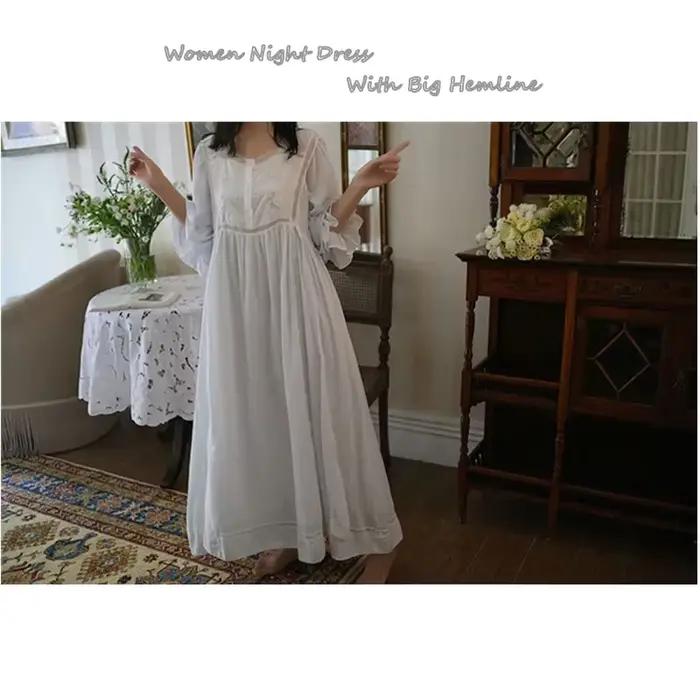 Chemise de nuit blanche en dentelle pour femme, chemise de nuit vintage, col carré, manches longues,